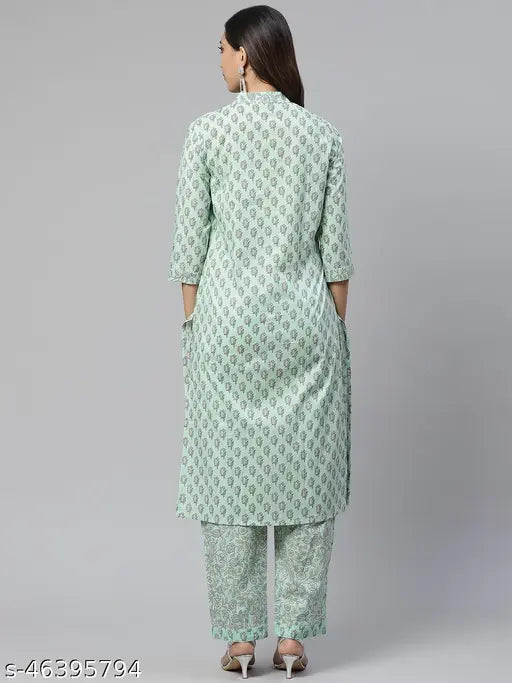 Divena Sea Green Cotton Printed Kurta & Pant Set, featuring floral print and gota work on a comfortable sea green cotton fabric, ideal for formal and informal events