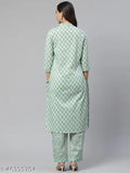Divena Sea Green Cotton Printed Kurta & Pant Set, featuring floral print and gota work on a comfortable sea green cotton fabric, ideal for formal and informal events