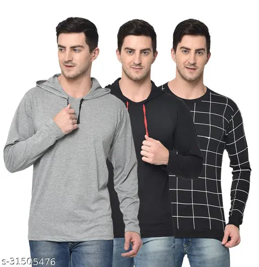 Grey melange cotton blend hooded t-shirts pack 3 for men - Vimal Jonney, India