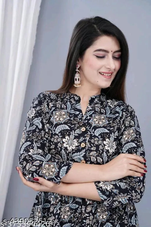 Black Rayon Anarkali Kurta, stylish full flair Jaipur print design for women's fashion, three-quarter sleeve length