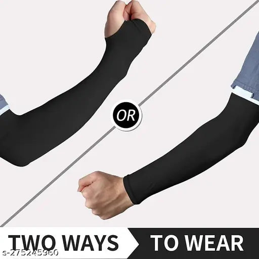 Black stretchable UV sun protection arm sleeves for outdoor activities and sports. Unisex design with thumb hole, made from 100% polyester