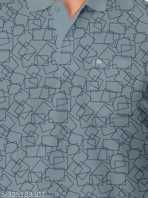 Green cotton blend geometric print polo t-shirt for men, perfect for trendy casual wear