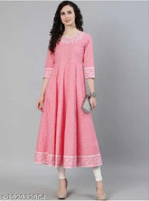 Peach silver embroidery rayon kurti with three-quarter sleeves, printed combo design for women's fashion from India