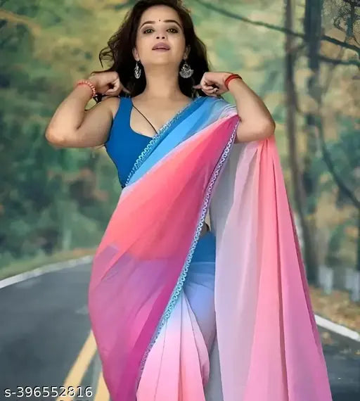 White Georgette Mill Print Saree, free size, solid pattern, soft fabric