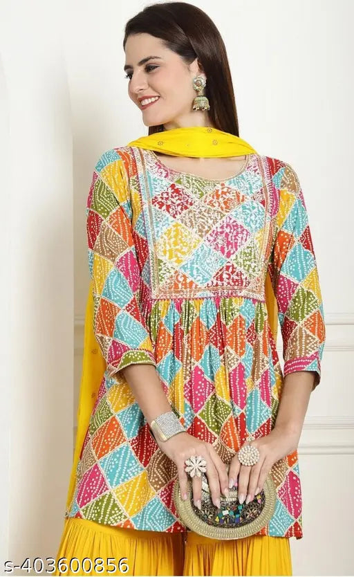 Rayon Bandhani print Kurta with Sharara & Dupatta, Indian ethnic wear in solid pattern, long sleeves on display