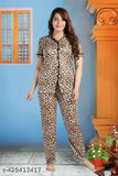 Stylish satin night suit with three-quarter sleeves, printed pattern. Velvet comfortable night dress for ladies and girls, India origin