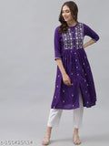 Purple chikan embroidery rayon frock kurti with three-quarter sleeves, stylish and elegant traditional women's winter wear, Indian fashion for functions, parties, festivals, and weddings