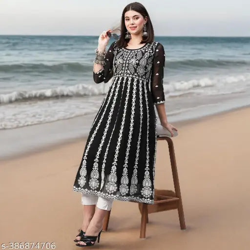 Black embroidered Chikankari Georgette Anarkali Kurta for women, India-made single piece with three-quarter sleeves