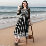 Black embroidered Chikankari Georgette Anarkali Kurta for women, India-made single piece with three-quarter sleeves