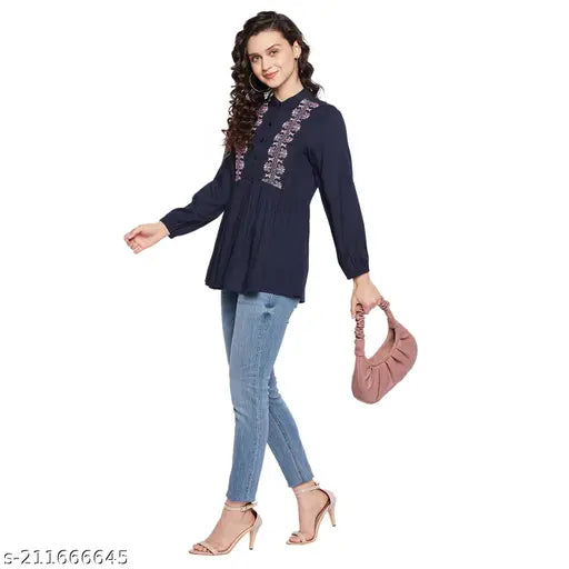 Navy blue embroidered rayon tunic, long sleeves, women's fashion from India