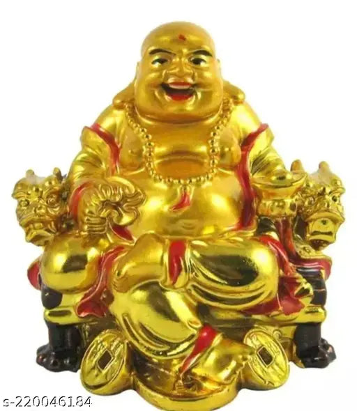 Laughing Buddha poly resin figurine, sitting on chair for prosperity & wealth, Indian Feng Shui showpiece, 14 cm x 5 cm x 7 cm