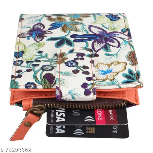 Faux leather wallet, printed net design, 6 card slots, zipper pocket, India origin