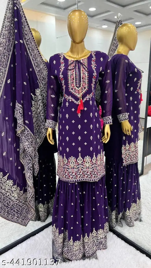 Cotton silk embroidered party wear top-dupatta and sharara set, launching new designer look for fancy events