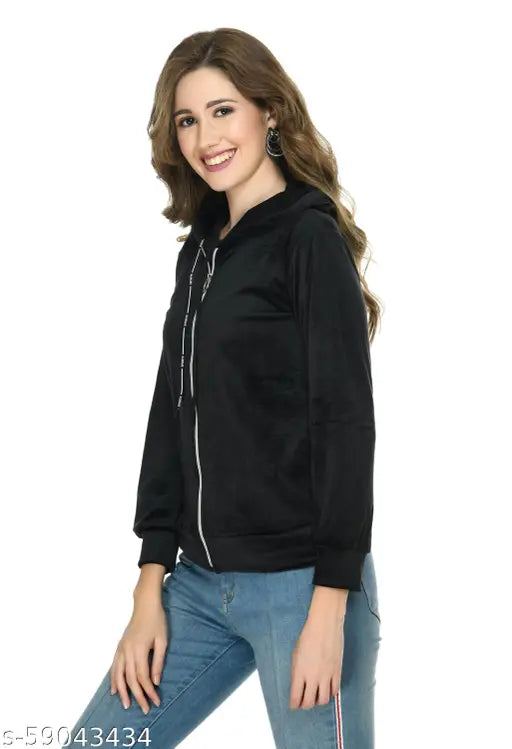 Black velvet Aphrodite solid full sleeve jacket for women - soft and plain, casual style