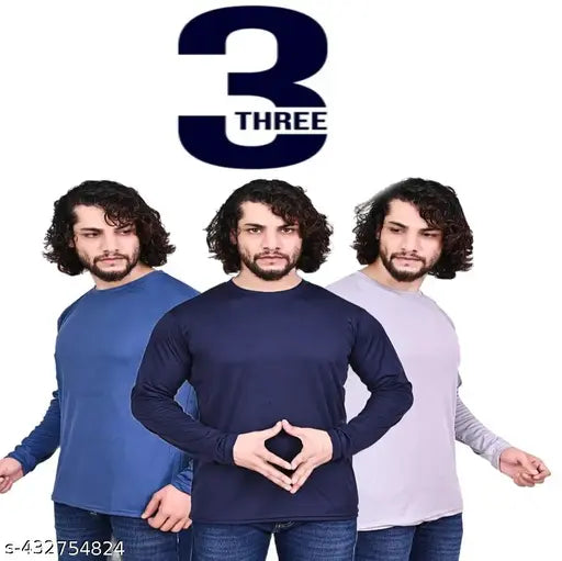 Mens solid polyester full sleeve round neck t-shirt on hanger, India-made elevating casual wardrobe