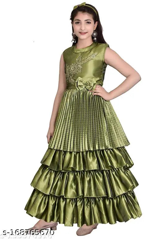Green Silk Blend Pleated Gown, stylish kids western wear (3-16 years)