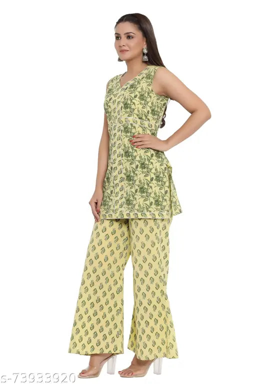 Pure cotton floral printed straight kurti & palazzo set - sleeveless, comfortable, Indian fashion