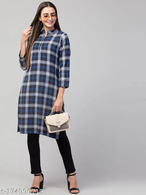 Dark blue wool checked straight kurta with three-quarter sleeves. Traditional Indian women's fashion on mannequin