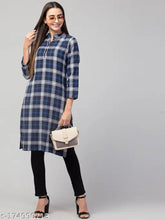 Dark blue wool checked straight kurta with three-quarter sleeves. Traditional Indian women's fashion on mannequin