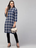 Dark blue wool checked straight kurta with three-quarter sleeves. Traditional Indian women's fashion on mannequin