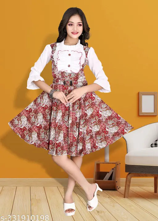 Cotton-blend printed knee length 3/4 sleeve frock for parties, suitable for kids aged 3-9 years. Indian western wear for baby girls