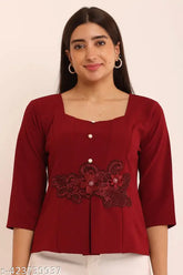 Maroon Lycra top with patch and buttons for women, India-made fashion wear
