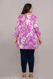 Purple plus size rayon short kurti, fashionable flared design with trendy print, India origin