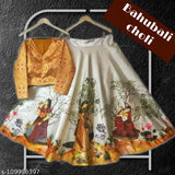 Silk blend tribal print semi-stitched Bahubali panihari kids lehengha choli, showcasing three-quarter sleeves for ages 9-12 months to 12-13 years