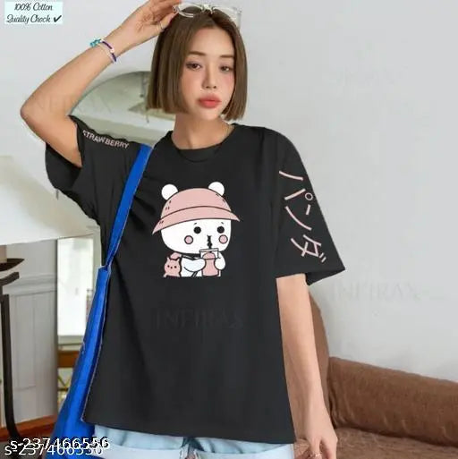 Cotton oversize t-shirt for women, featuring adventure girl panda print, three-quarter sleeves. XS (38in bust, 26in length), S, M, L, XL, XXL, XXXL available