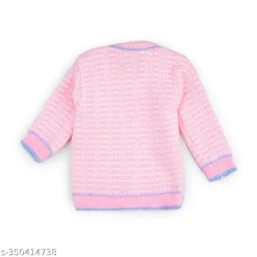 Pink striped woolen newborn sweater set with cap and booties - warm, cozy, machine washable