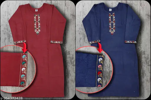 Winter embroidery wool kurti in solid design, three-quarter sleeves. Women's fashion wear from India
