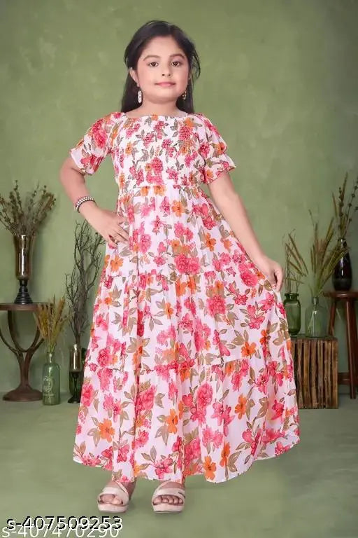 Printed net short sleeve gown for children aged 9-15 years, featuring super net fabric from India