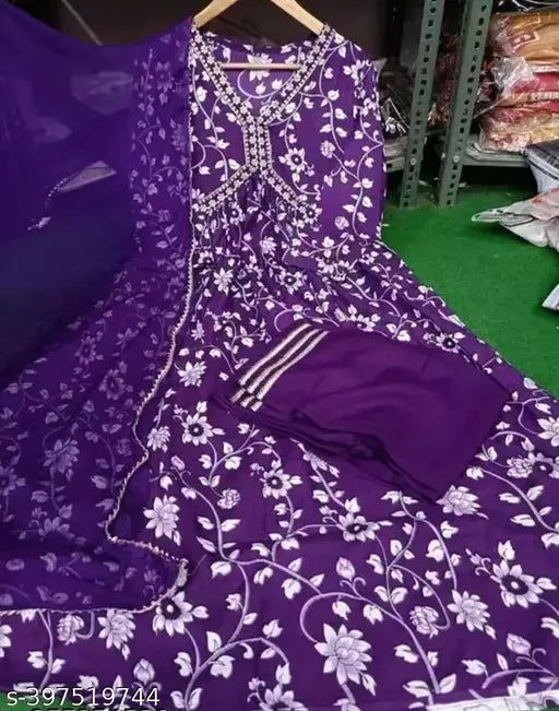 Rayon Alia Cut Embroidered Kurta Set with Pant and Dupatta - Beautiful print, three-quarter sleeves, women's & girls sizes available