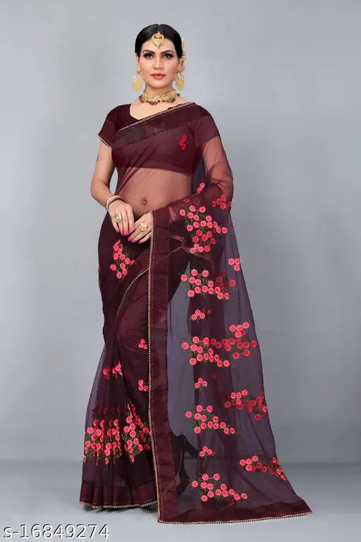 Floral embroidered Moti Lace saree in pure soft net, unstitched blouse piece. Indian-made festive wear for parties