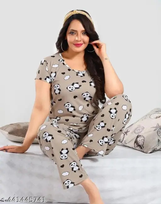 Manan Products satin night suit for women, printed net design, pyjamas and t-shirt set in Nightwear Pack of 1 (M, L, XL, XXL sizes available from India)