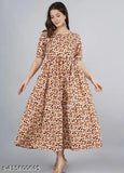 Autumn-hued leaf-patterned cotton maxi dress, three-quarter sleeves, Indian design
