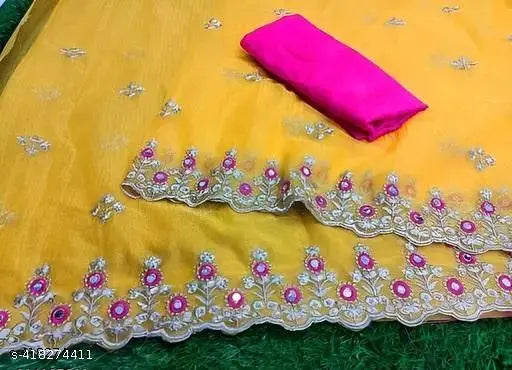 Yellow Pink Silicon Silk Net Zari Embroidery Saree, free size with mirror work and embroidery, India origin