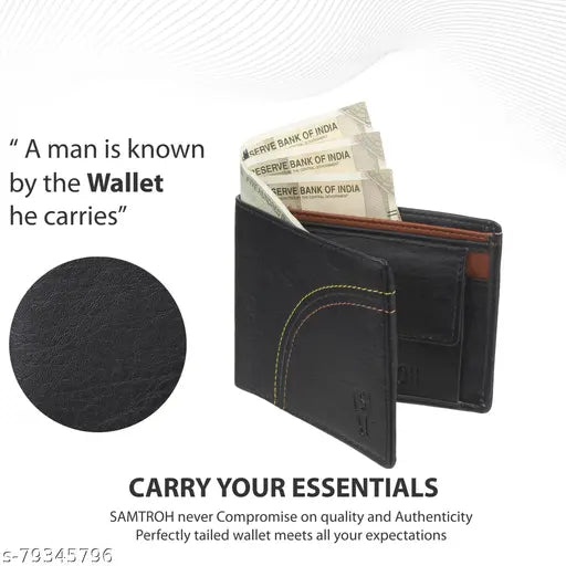 Black faux leather men's wallet by Samtroh, 2 compartments, modern design, ideal for gifting