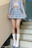 Checked net cotton Caracola high waist pleated mini skirt for women and girls, stylish above-knee length