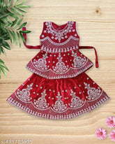 Festive velvet lehenga cholis for baby girls: Embroidered floral stitch net, sleeveless, 12-18 months, Made in India