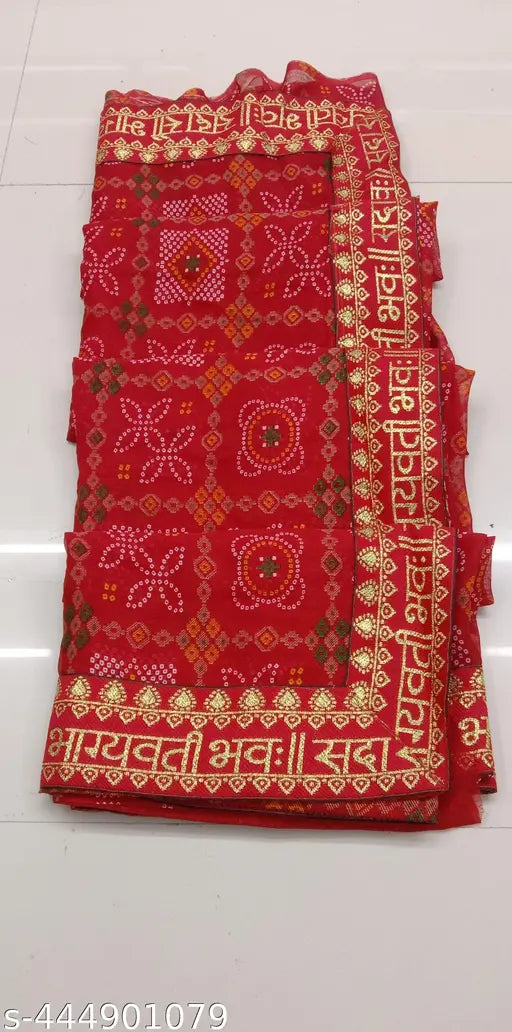 Red chiffon Sada Saubhagayawati saree, traditional Diwali special with printed net blouse and separate cotton blouse piece. (Free size; saree length - 5.3m, blouse length - 0.8m; origin - India)