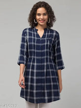 Blue checked rayon tunic with mandarin collar, V-neck, and button front for women - Indian made