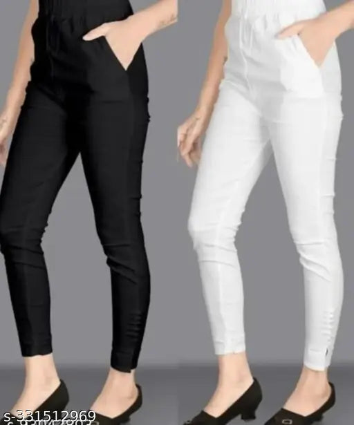 Black and white cotton stretch jeggings for women, solid pattern, available in sizes 24-XXL