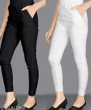 Black and white cotton stretch jeggings for women, solid pattern, available in sizes 24-XXL