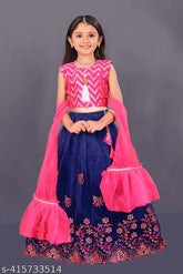 Stylish kids' cotton-silk lehenga choli with net dupatta, embroidered and sequinned, in various sizes from 6 months to 8 years, Indian craftsmanship