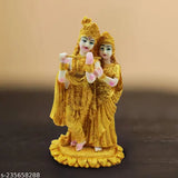 Gold-plated poly resin Radha Krishna statue for home decor, ideal for living room showpieces or pooja mandir interior decoration accessories. Dimensions: 19 x 11 x 11 cm
