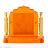 Orange-resin Guru Nanak glass idol with gold-plated brass pillars for home, car, or office decor
