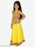 Yellow and red checked cotton one-shoulder lehenga choli for girls, ready-to-wear print style with long sleeves, available in sizes 9-12 months to 5-6 years, made in India