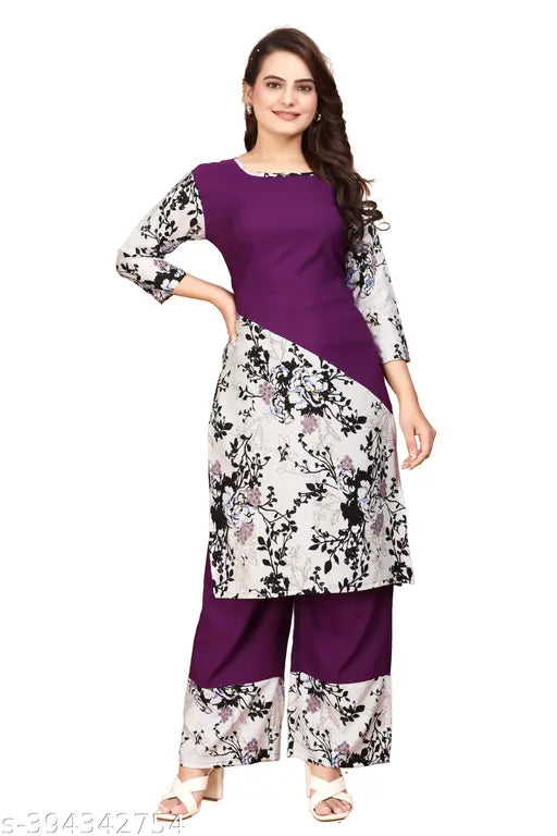Indian printed crepe kurta plazo set in large sizes (3XL - 6XL), featuring short sleeves and crepe bottomwear