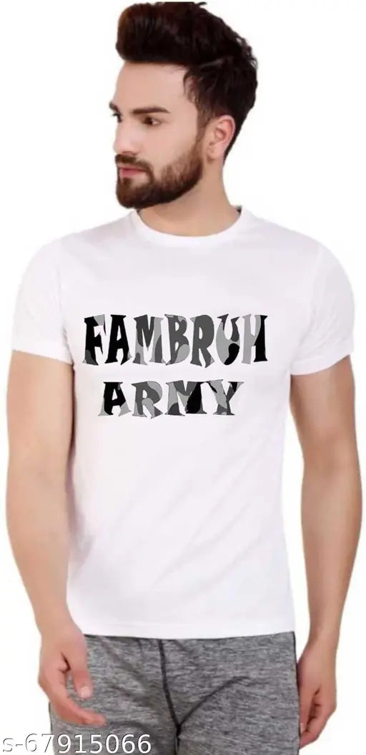 White printed round neck polyester t-shirt for men, short sleeves, graphic design